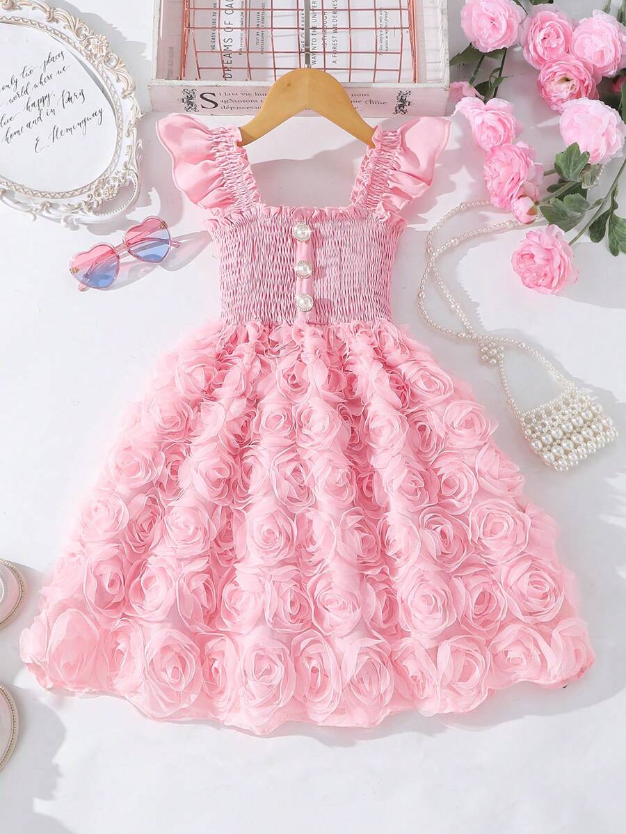 Glamorique Kids 年轻女孩纯色 Ru-Fle 和花卉贴花拼接优雅夏装 - 粉色 - 查看 1