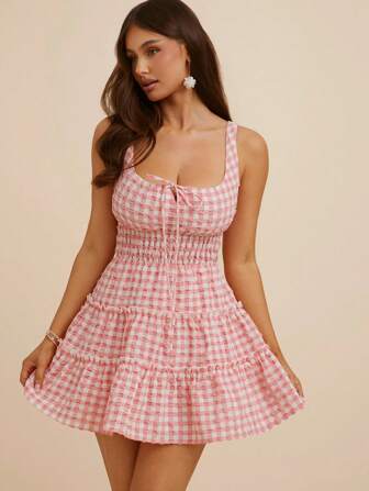 L'Amorae 女士格子系带荷叶边下摆休闲无袖连衣裙