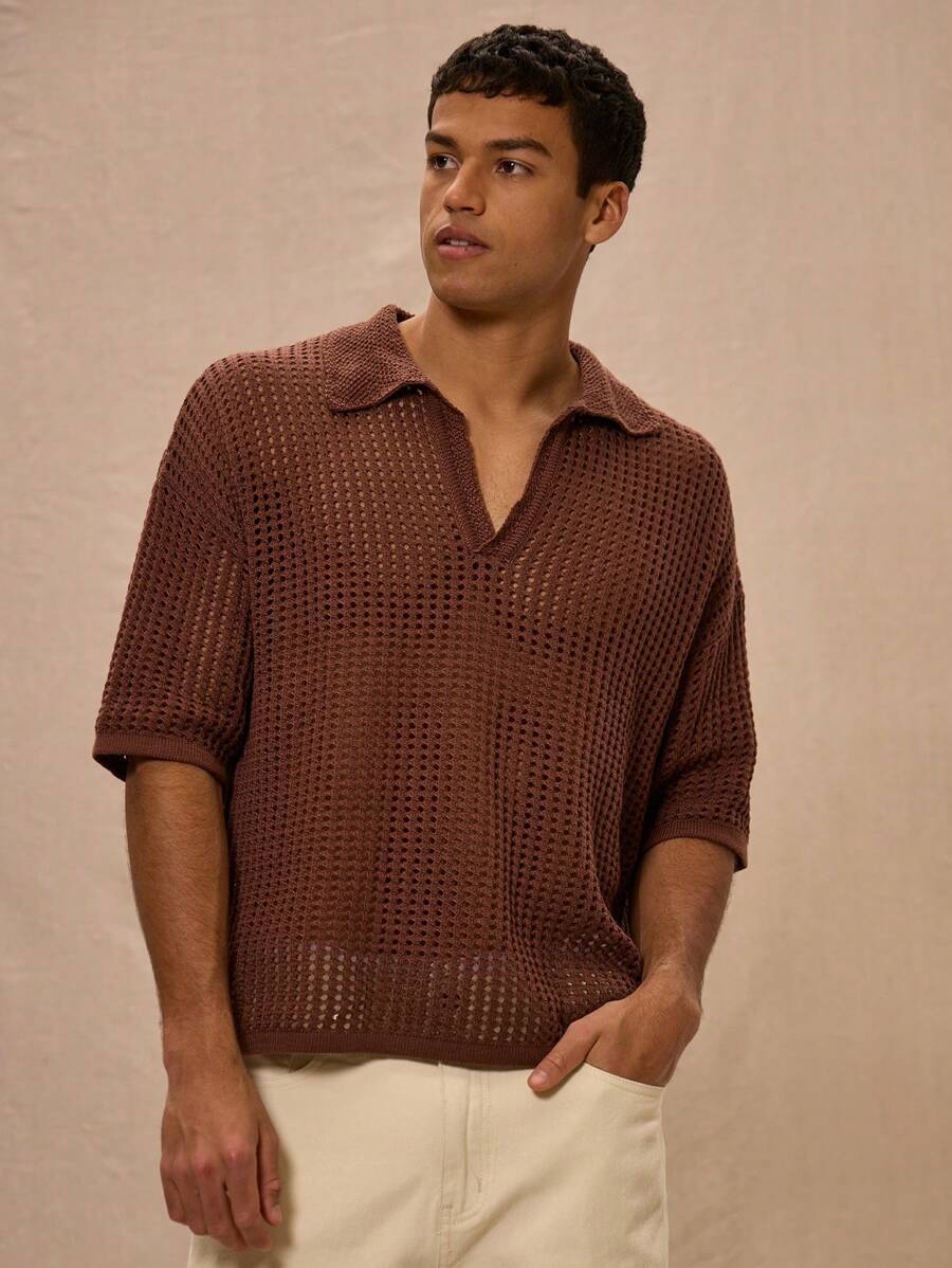 Musero Collared V-Neck Open Crochet Short Sleeved Polo Top - Chocolate Brown - View 1