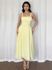 Firerie 女士优雅简约夏季海滩度假黄色褶皱纹理面料吊带背心中长款 A 字裙 - 黃色 - 查看 8