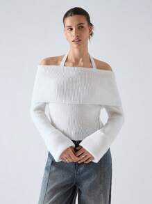 LYSMO 女士纯色露肩长袖侧拉链设计挂脖休闲毛衣，秋冬