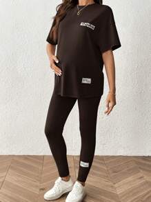 SHEIN 2pcs Maternity Set: Solid Color Short Sleeve Round Neck T-Shirt And Pants - Brown - View 6