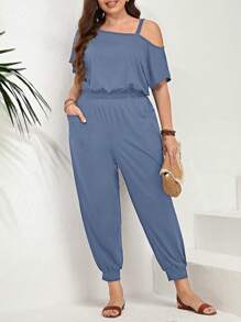 SHEIN LUNE Plus Size Solid Color Oblique Shoulder Short Sleeve Jumpsuit, Simple & Fashionable, Suitable For Summer - Blue - View 1