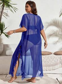 SHEIN Swim Vcay Áo trùm đầu lưới cỡ lớn, cổ tròn, đơn giản & thời trang, phù hợp cho mùa hè - Xanh đậm - Xem 2