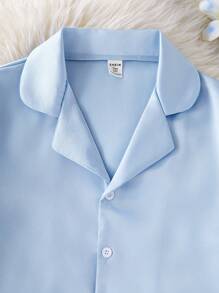 SHEIN 2 件套青少年女孩优雅甜美缎裤腿网眼褶边家居套装女童衬衫套装青少年女孩服装套装女童可爱套装 - 藍色 - 查看 5