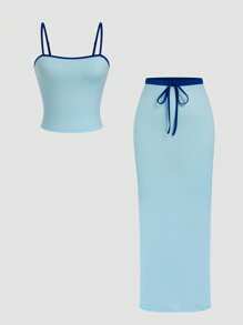 INAWLY 2pcs/Set Women Solid Color Camisole Crop Top & Skirt