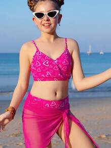 3pcs/Set Tween Girl Swimwear, Printed Style, Simple And Fashionable, Peach And Pink Color, Asymmetrical Heart Pattern, Suitable For Beach, Ideal For Valentine's Day, Including Chiffon Scarf Cover