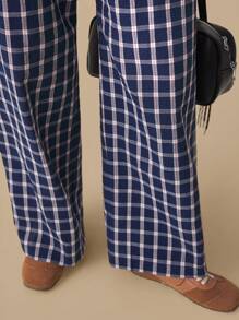 SHEIN Unity Women's Plaid Straight Leg Loose Casual Pants, Versatile, Summer For Women - Blue - View 4