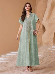 Al Najma 优雅奢华提花面料拼布高端亮片刺绣下摆宽松别致奢华女士连衣裙