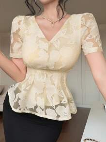 DAZY Blusa elegante de mujer con cuello en V de encaje y mangas abombadas