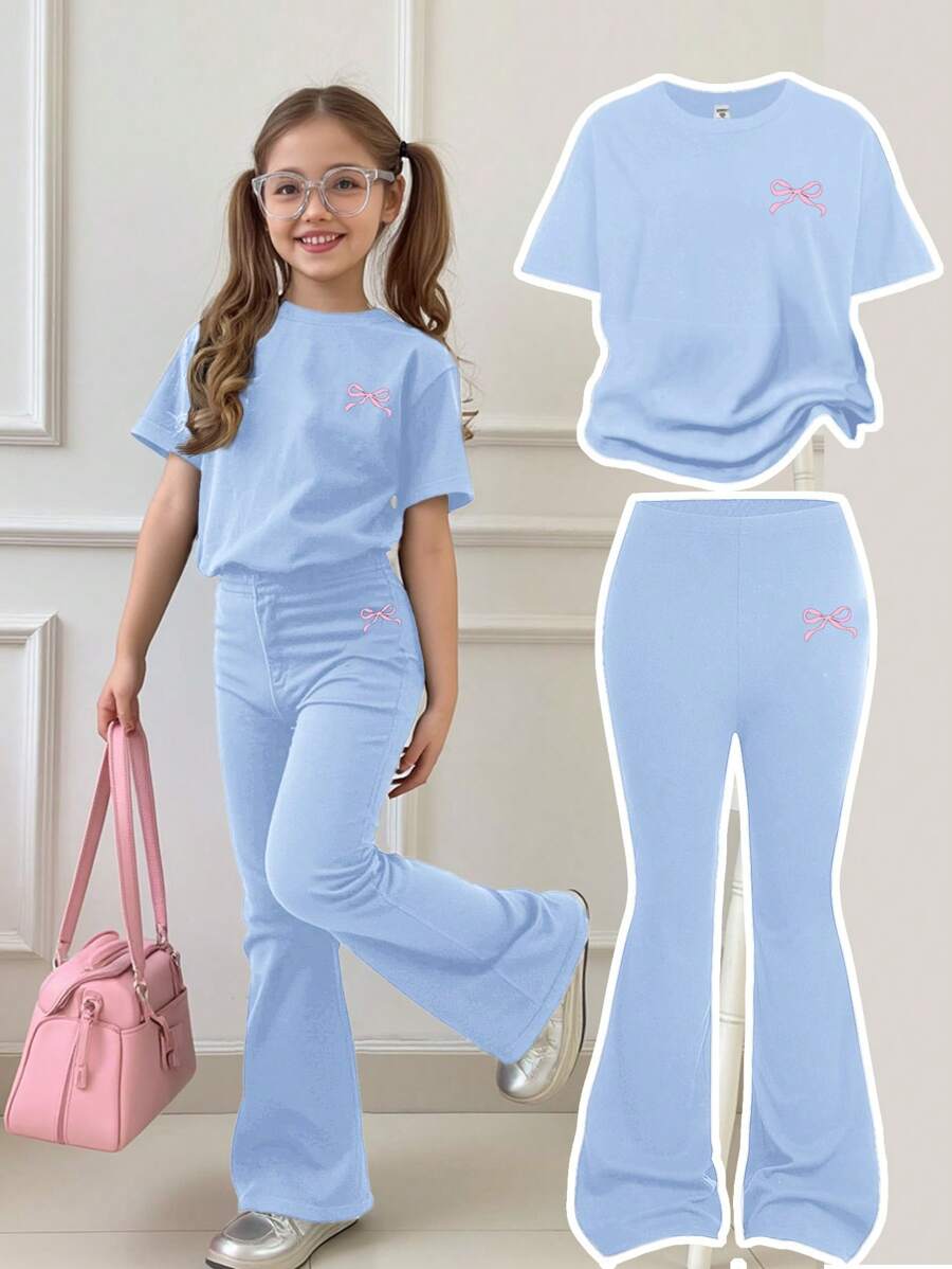 SHEIN 2 件套女孩休闲简约圆领短袖上衣和裤子套装,适合夏季 - 藍色 - 查看 1