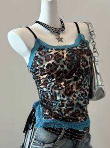 SHEIN EZwear 夏季乡村音乐会豹纹吊带背心，配蓝色蕾丝边 - 藍色 - 查看 3