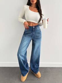 EURMUSE Women's Casual Washed High Waisted Straight Leg Jeans - Dark Wash - View 6