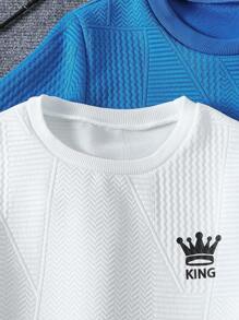 2pcs/Set Boys Crown & Letter Printed Solid Color Textured Crew Neck Short Sleeve T-Shirt And Shorts Set, 3-Piece Combo, Suitable For Summer, School, Campus, College - Multicolor - View 7