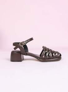 CUCCOO DOLLMOD Fashion Handmade Woven Ladies Brown Chunky Heel Thick-Soled Closed Toe Sandals, Water-Resistant Platform Closed Toe Sandals, Versatile Square Toe Strap Buckle Chunky Heel Hollow Outdoor Breathable Comfortable High Heel Sandals, Spring Summer New Arrival - Brown - View 8