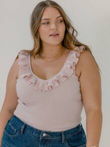 Aralina Curve Ruffle V Neck Knit Ribbed Going Out Summer Top - Pink - View 7