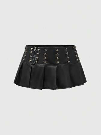 ROMWE Avant Punk Rivet Decorated Low-Waist Pleated Women's Mini Skirt, Music Festival Style