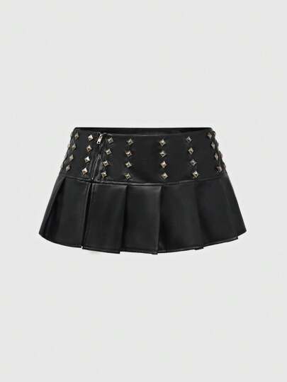 ROMWE Avant Punk Rivet Decorated Low-Waist Pleated Women's Kpop Mini Skirt, Music Festival Style