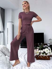 SHEIN 2件纯色短袖上衣和裤子休闲睡衣套装