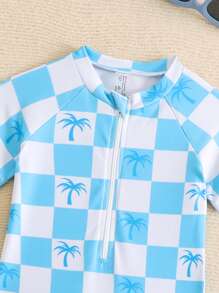 Baby Boy Printed Checker Board & Coconut Tree Pattern One-Piece Swimsuit, For Beach Vacation - Baby Blue - View 3