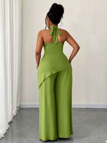 Maweii 2pcs/Set Plus Size Women Solid Color Knit Halter Asymmetrical Ruched Top And Wide Leg Pants Set