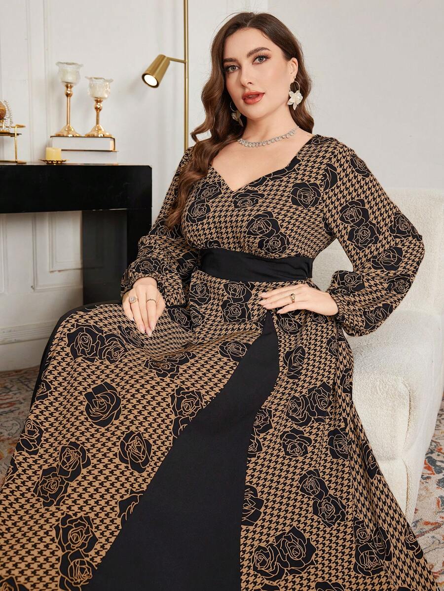 Modelyn Plus Size Women's Floral Houndstooth Pattern Sweetheart Neck Lantern Sleeve Elegant Dress - Brown - View 1