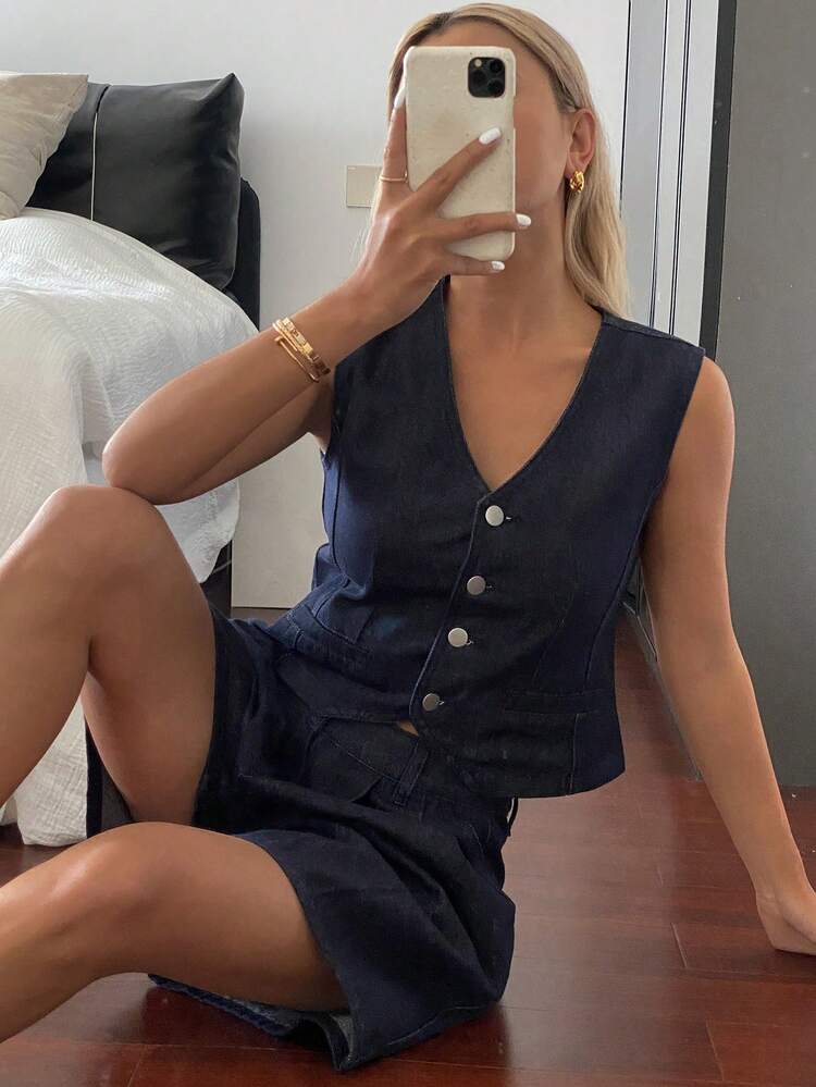 Women's Urban Style Denim Vest And Shorts 2 Pieces Set, Spring/Summer