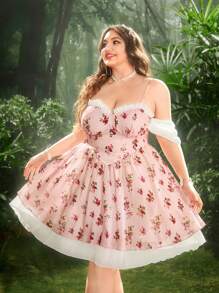Flirla 法式优雅甜美度假雪纺碎花拼布细肩带露肩收腰 A 字迷你连衣裙 - 彩色 - 查看 2
