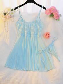 Eraneu Lace & Mesh Splice Front Slit Sexy Nightdress + Thong 2 Pieces Set For Women