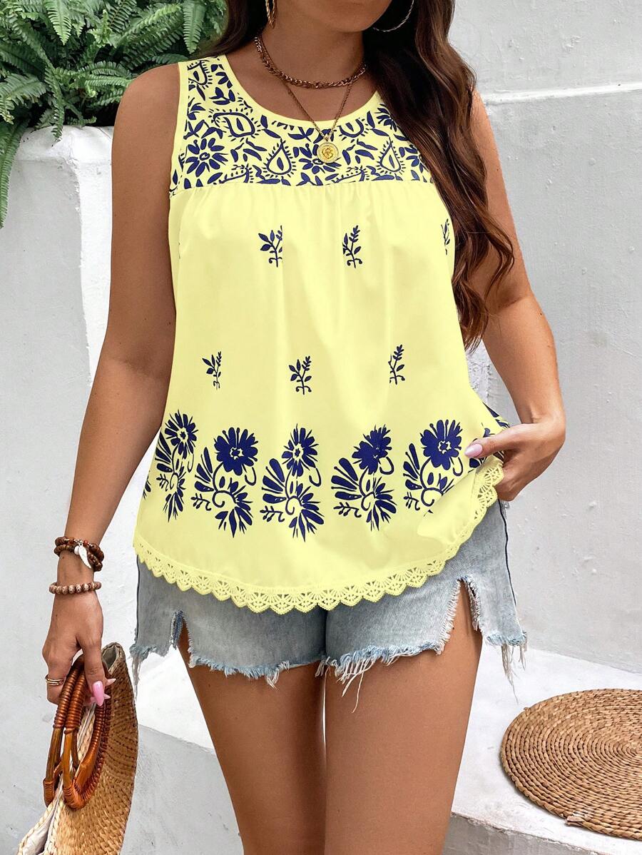 Plus Size Women Floral Printed Lace Patchwork Loose Tank Top For Summer Holiday Graphic Tees Women Tops - Multicolor - View 1
