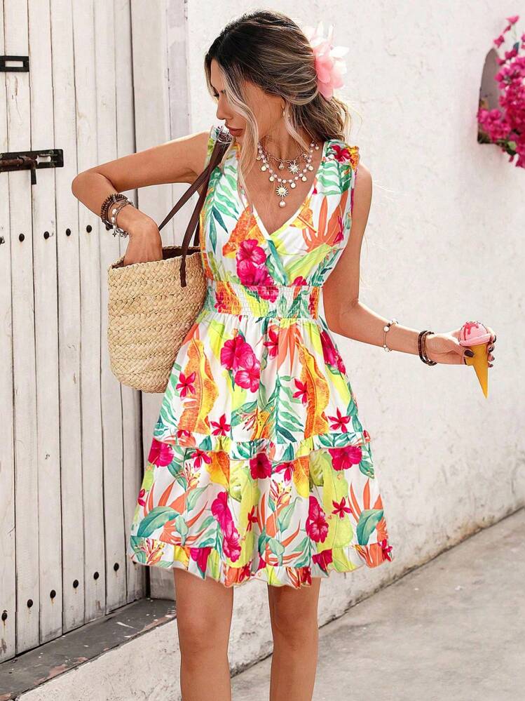 SHEIN VCAY 女性用カジュアルトロピカル柄ノースリーブ丈ワンピース