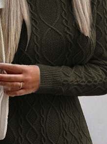 SHEIN Cottnline Solid Color Turtleneck Twist Knit Fitted Elegant Long Sleeve Sweater Dress - Army Green - View 3