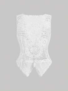 SHEIN MOD 女士休闲纯色镂空针织无袖薄款开衫 - 白色 - 查看 2