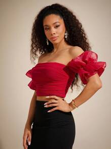 Vixey Off Shoulder Ruffle Sleeve Sweetheart Mesh Top, Spring, Summer For Women, Summer Tops, Easter Women - Red - View 5