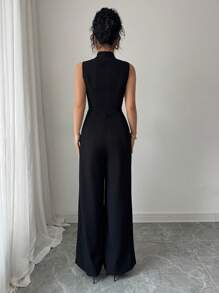 Elenzga Solid Coloured Stand Collar Button Decor Sleeveless Elegant Women Jumpsuit - Black - View 2