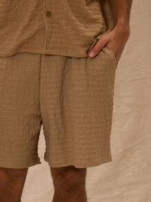 Drawstring Waist Waffle Textured Shorts Only Spring Summer Vacation - Khaki - View 5