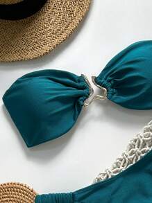 Swim Mod Bikini a due pezzi da donna per l'estate, in colore unito, con decorazione in metallo, sexy, con laccetti al collo