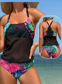 Swim Lushoire 女士粉色和绿色热带花卉印花、网眼覆盖、锁孔形后背吊带背心比基尼上衣、海滩度假装、春夏新品两件套泳装女士泳衣女士泳衣女士连体泳衣女士上衣女士比基尼泳装 - 彩色 - 查看 2