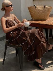 DAZY Women's Holiday Casual Beach Colorblock Ruffle Hem A-Line Midi Dress With Drawstring Waist Sundress - Brown - View 4