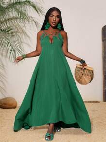 Slaydiva New Spring And Summer Casual Holiday Sling Ring Decoration Hollow Asymmetric Hem Loose And Elegant Long Skirt Green Striped Woven Women's Maxi Dress-B