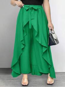 SHEIN LUNE Plus Size Women Ruffled High Waist Wide Leg Casual Pants Culottes - Green - View 3