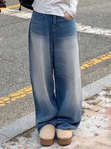 DAZY Jeans anchos casuales versátiles con bolsillos y pierna ancha, jeans holgados - Azul lavado medio - Ver 7
