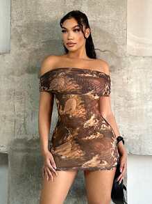 SHEIN SXY 女士露肩修身时尚印花连衣裙 - 彩色 - 查看 6