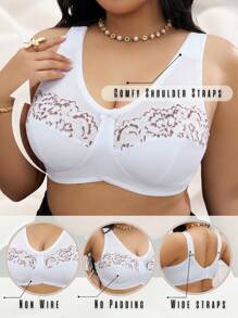 1pc Sexy Solid Color Elegant Comfortable Soft Lace Patchwork, Bow Decor, Soft Sponge Padded Adjustable Strap Wireless Plus Size Women Bra - White - View 3
