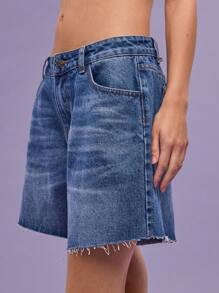 COUREZ 低腰宽松短裤，蓝色水洗，Y2K风格，夏季女装/休闲复古棉质 - 中等水洗藍 - 查看 4