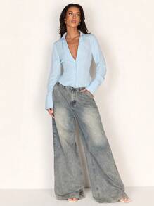 Glamine Áo cánh dài tay cổ chữ V ôm sát dành cho nữ - Màu xanh lam - Xem 6