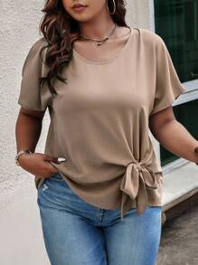 SHEIN LUNE Plus Size Solid Color Round Neck Bow Decor Short Sleeve Blouse BASICS - Khaki - View 3