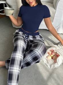Lowkey Lull 2pcs Women Crew Neck Top & Plaid Pants Set, Loungewear Outfit - Multicolor - View 5