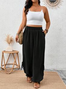 EMERY ROSE 大码女式纯色口袋系腰宽松哈伦裤 - 黑色 - 查看 1