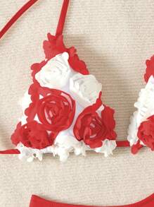 Swim Mod Contrast Color 3D Floral Decor Bikini Swimsuit Set For Vacation Beach - Red and White - View 4
